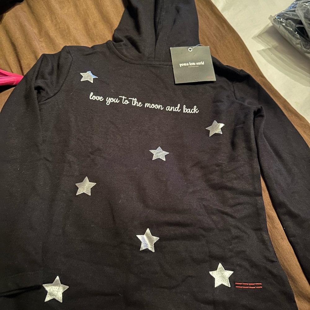 Peace Love World Black Hoodie with Silver Stars